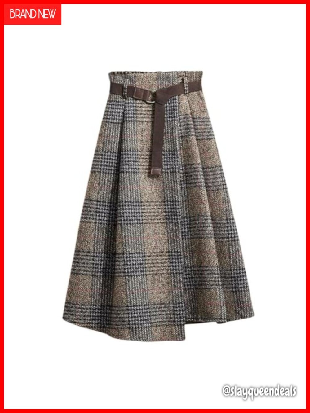 Wool Blend Houndstooth A-Line Midi Skirt with Belt | Vintage Plaid